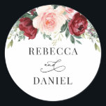 Burgundy Blush Floral Personalised Wedding Classic Round Sticker<br><div class="desc">Designed to coordinate with our Boho Greenery wedding collection,  this customisable Sticker,  features a watercolor burgundy and blush floral arrangement with calligraphy graphic text,  paired with a classy serif in black. Matching items available.</div>