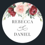 Burgundy Blush Floral Personalised Wedding Classic Round Sticker<br><div class="desc">Designed to coordinate with our Boho Greenery wedding collection,  this customisable Sticker,  features a watercolor burgundy and blush floral arrangement with calligraphy graphic text,  paired with a classy serif in black. Matching items available.</div>