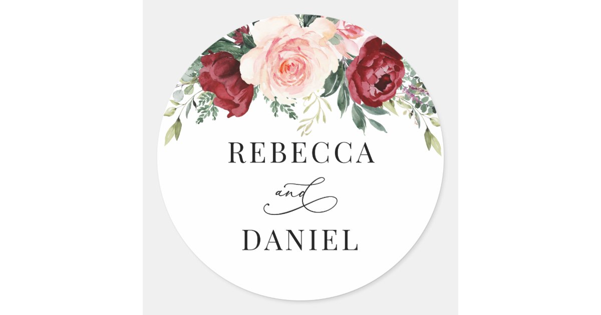 Burgundy Blush Floral Personalised Wedding Classic Round Sticker | Zazzle