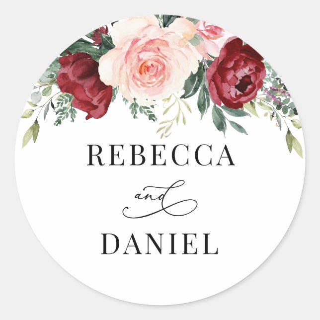 Burgundy Blush Floral Personalised Wedding Classic Round Sticker (Front)