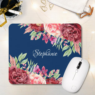 Burgundy Blush Floral Personalized Name Mouse Mat