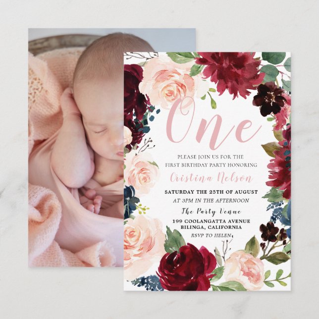 Burgundy Blush Floral Photo 1st Birthday Party Invitation (Front/Back)
