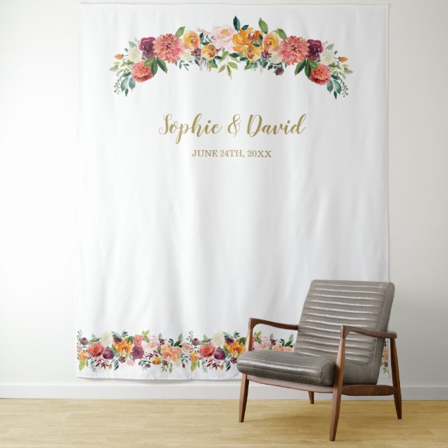 Burgundy Blush Floral Photo Booth Backdrop Tapestry (In Situ)