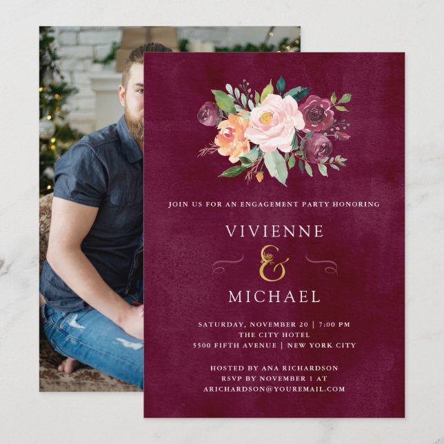 Burgundy Blush | Floral Photo Engagement Party Invitation (Front/Back)