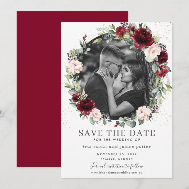 Burgundy Blush Floral Photo Save the Date Card (Front/Back)