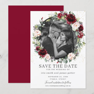 Burgundy Blush Floral Photo Save the Date Card