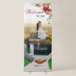 Burgundy & Blush Floral Photo Wedding Welcome Retractable Banner