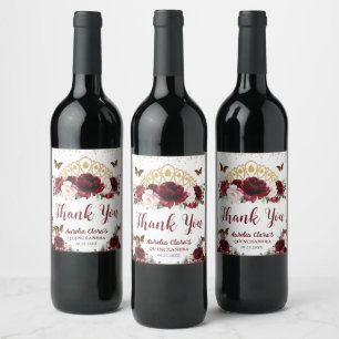 Burgundy Blush Floral Princess Crown Quinceañera Wine Label