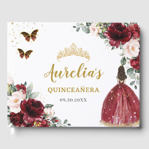 Burgundy Blush Floral Princess Gold Quinceañera Guest Book