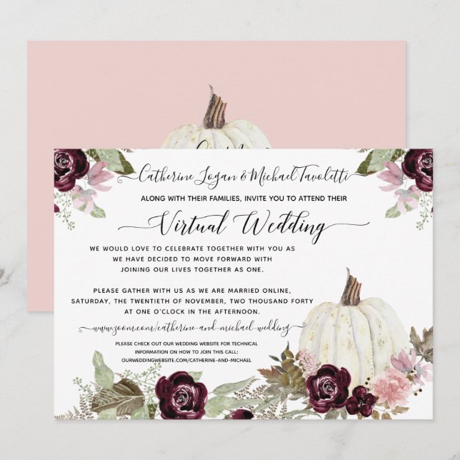 Burgundy Blush Floral Pumpkin Virtual Wedding Invitation (Front/Back)
