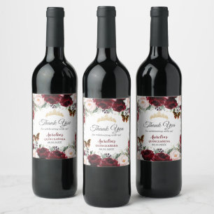 Burgundy Blush Floral Quinceañera Butterflies Gold Wine Label