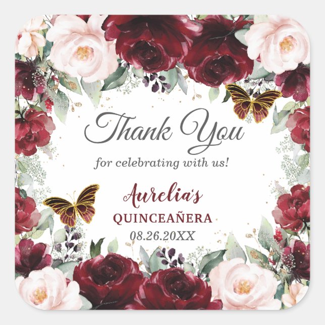 Burgundy Blush Floral Quinceañera Butterflies Square Sticker (Front)