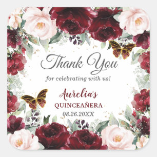 Burgundy Blush Floral Quinceañera Butterflies Square Sticker