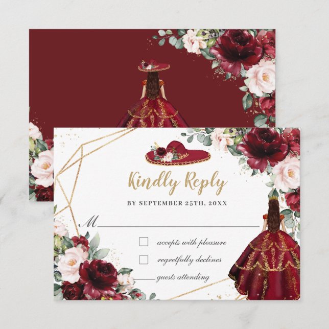 Burgundy Blush Floral Quinceañera Charro Hat RSVP Card (Front/Back)