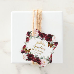 Burgundy Blush Floral Quinceañera Crown Butterfly  Favour Tags