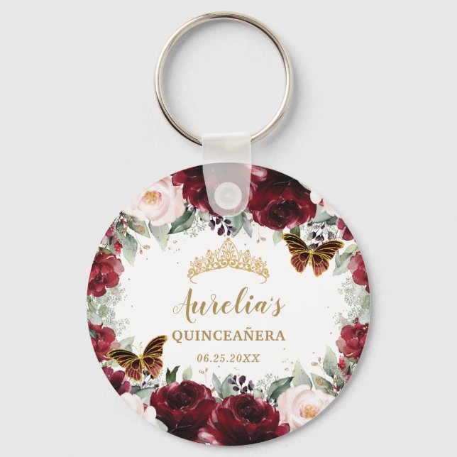 Burgundy Blush Floral Quinceañera Crown Butterfly  Key Ring (Front)