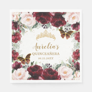 Burgundy Blush Floral Quinceañera Crown Butterfly Napkin