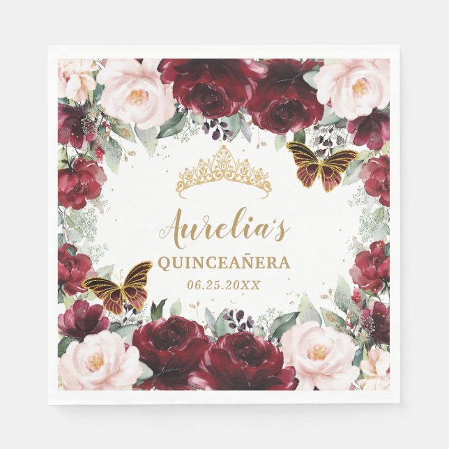 Burgundy Blush Floral Quinceañera Crown Butterfly  Napkin (Front)
