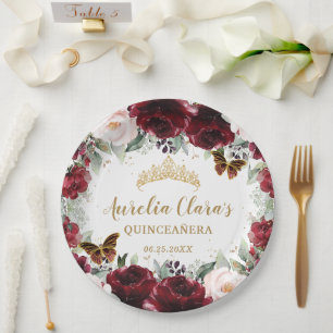 Burgundy Blush Floral Quinceañera Crown Butterfly Paper Plate
