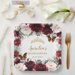 Burgundy Blush Floral Quinceañera Crown Butterfly Paper Plate