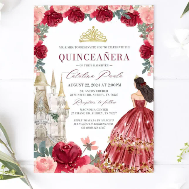 Burgundy Blush Floral Quinceanera Invitatio Red Invitation | Zazzle