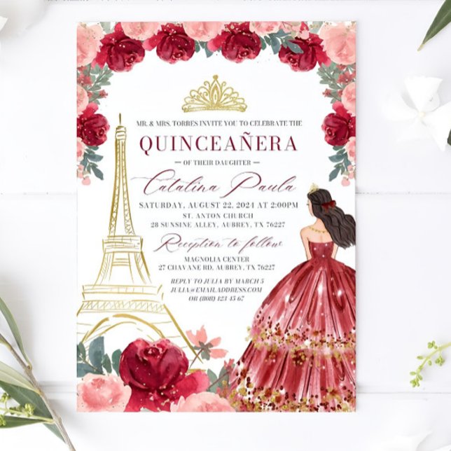 Burgundy Blush Floral Quinceanera Invitation, Red  Invitation (Creator Uploaded)