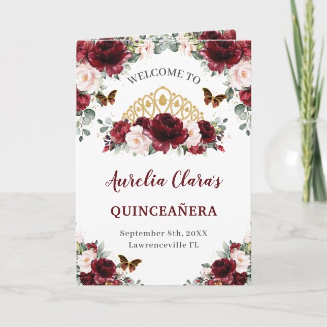 Burgundy Blush Floral Quinceañera Order of Events  Programme (Front)
