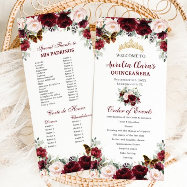 Burgundy Blush Floral QUINCEAÑERA Order of Events Programme (blush-burgundy-floral-butterflies-tiara-gold-quinceanera-15th-birthday-order-of-events-program)