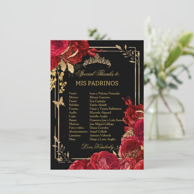 Burgundy Blush Floral QUINCEAÑERA Padrinos Card (Standing Front)