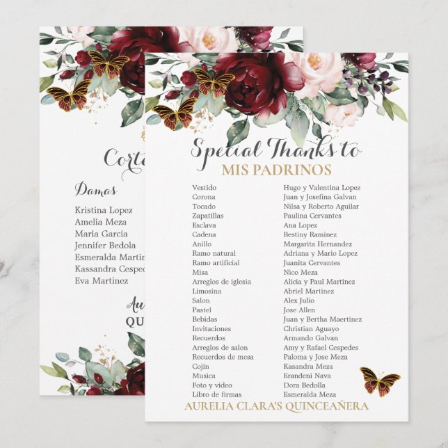 Burgundy Blush Floral QUINCEAÑERA Padrinos Card (Front/Back)