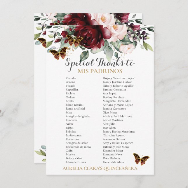 Burgundy Blush Floral QUINCEAÑERA Padrinos Card (Front/Back)