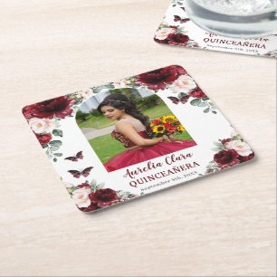 Burgundy Blush Floral Quinceañera Photo Keepsake Square Paper Coaster