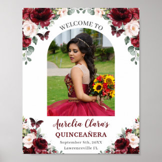 Burgundy Blush Floral Quinceañera Photo Welcome Poster
