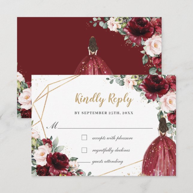 Burgundy Blush Floral Quinceañera Princess Reply RSVP Card (Front/Back)