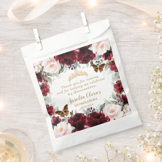 Burgundy Blush Floral Quinceanera Sweet 16  Favour Bags (Clipped)