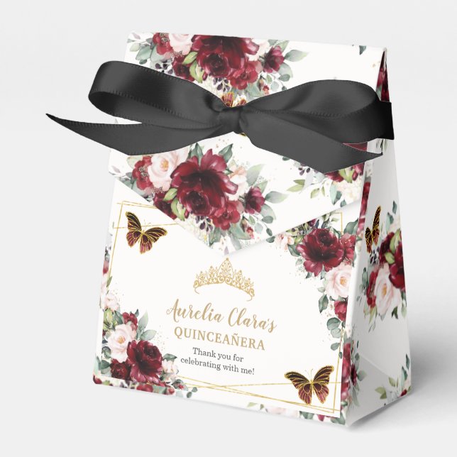 Burgundy Blush Floral Quinceañera Tiara Butterfly Favour Box (Front Side)