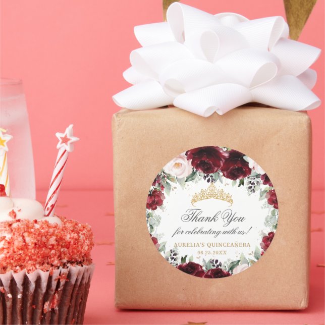 Burgundy Blush Floral Quinceañera Tiara Princess  Classic Round Sticker (Party)