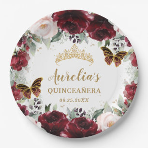 Burgundy Blush Floral Quinceañera Tiara Princess  Paper Plate