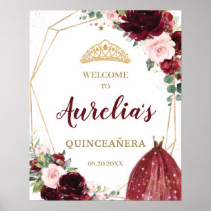 Burgundy Blush Floral Quinceañera Tiara Welcome  Poster