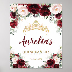 Burgundy Blush Floral Quinceañera Tiara Welcome Poster