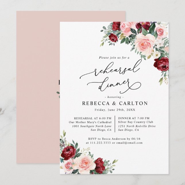 Burgundy Blush Floral Rehearsal Dinner Invitation (Front/Back)