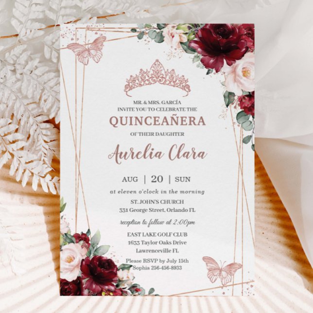 Burgundy Blush Floral Rose Gold Tiara Quinceañera Invitation (Creator Uploaded)