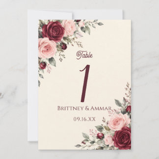 Burgundy & Blush Floral Rose Wedding Table Number