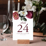 Burgundy Blush Floral Roses Botanical Wedding Table Number<br><div class="desc">The bohemian floral romantic bouquet of burgundy,  pink and white roses create the charming centerpiece for this elegant design. A simple modern layout makes the calligraphy and flower design pop.</div>