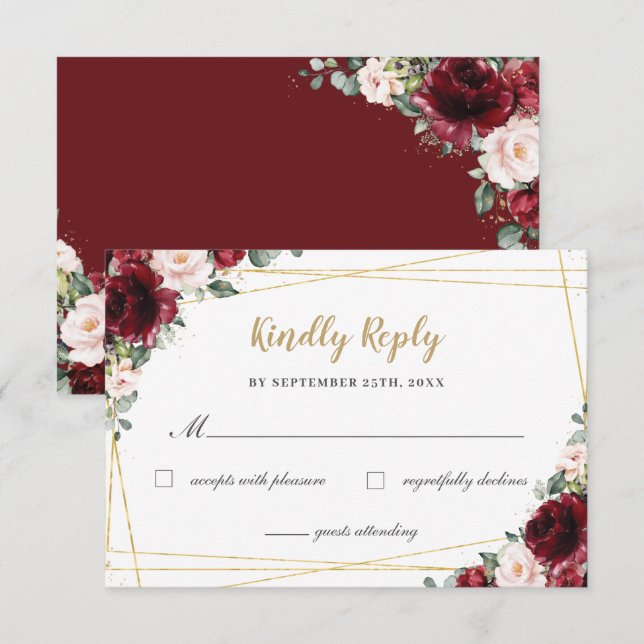 Burgundy Blush Floral Roses Gold Quinceañera Reply RSVP Card (Front/Back)