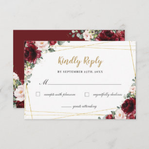 Burgundy Blush Floral Roses Gold Quinceañera Reply RSVP Card