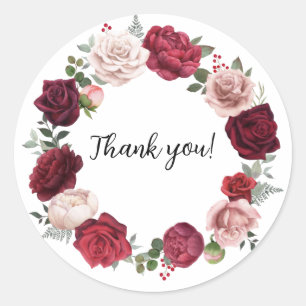 Burgundy Blush Floral Round Thank You Stickers