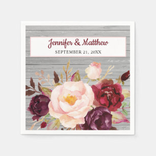 Burgundy Blush Floral Rustic Wedding Paper Napkin