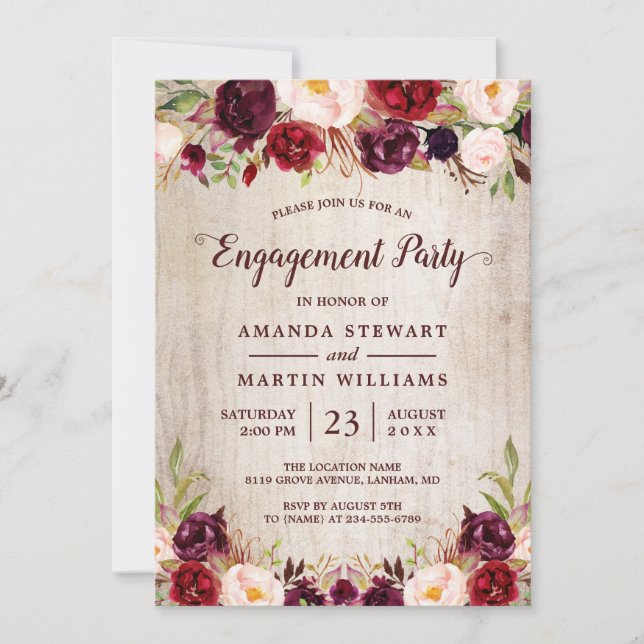Burgundy Blush Floral Rustic Wood Engagement Party Invitation (Front)