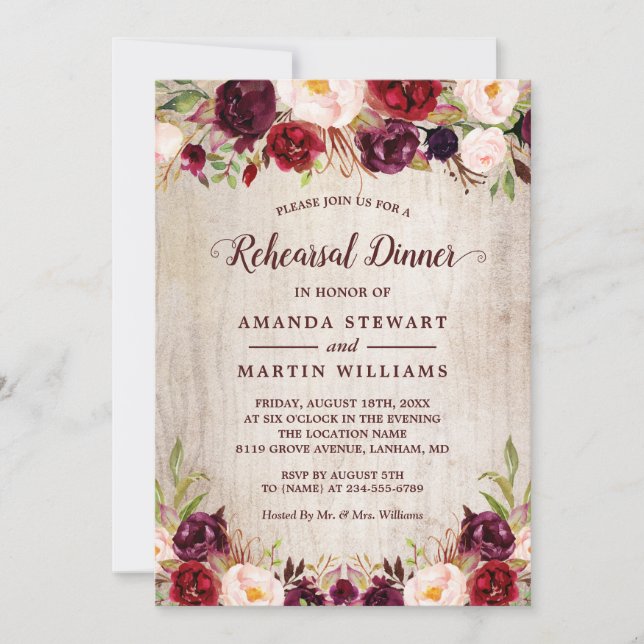 Burgundy Blush Floral Rustic Wood Rehearsal Dinner Invitation (Front)